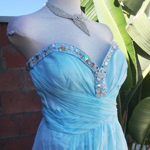DANCING QUEEN Strapless Long Dress Crystals Pleated Lined Evening Prom Blue XL